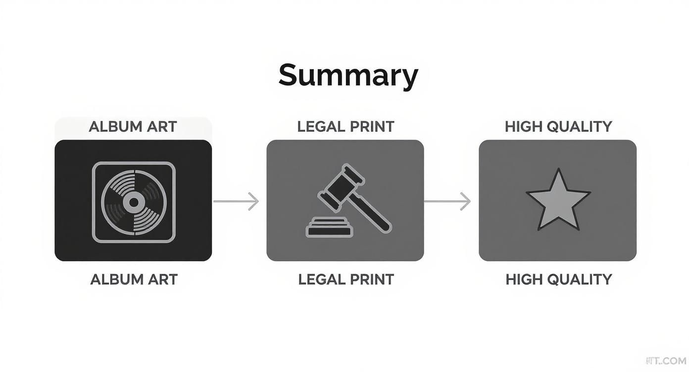 A flowchart showing album art leading to legal print, then to high quality output.
