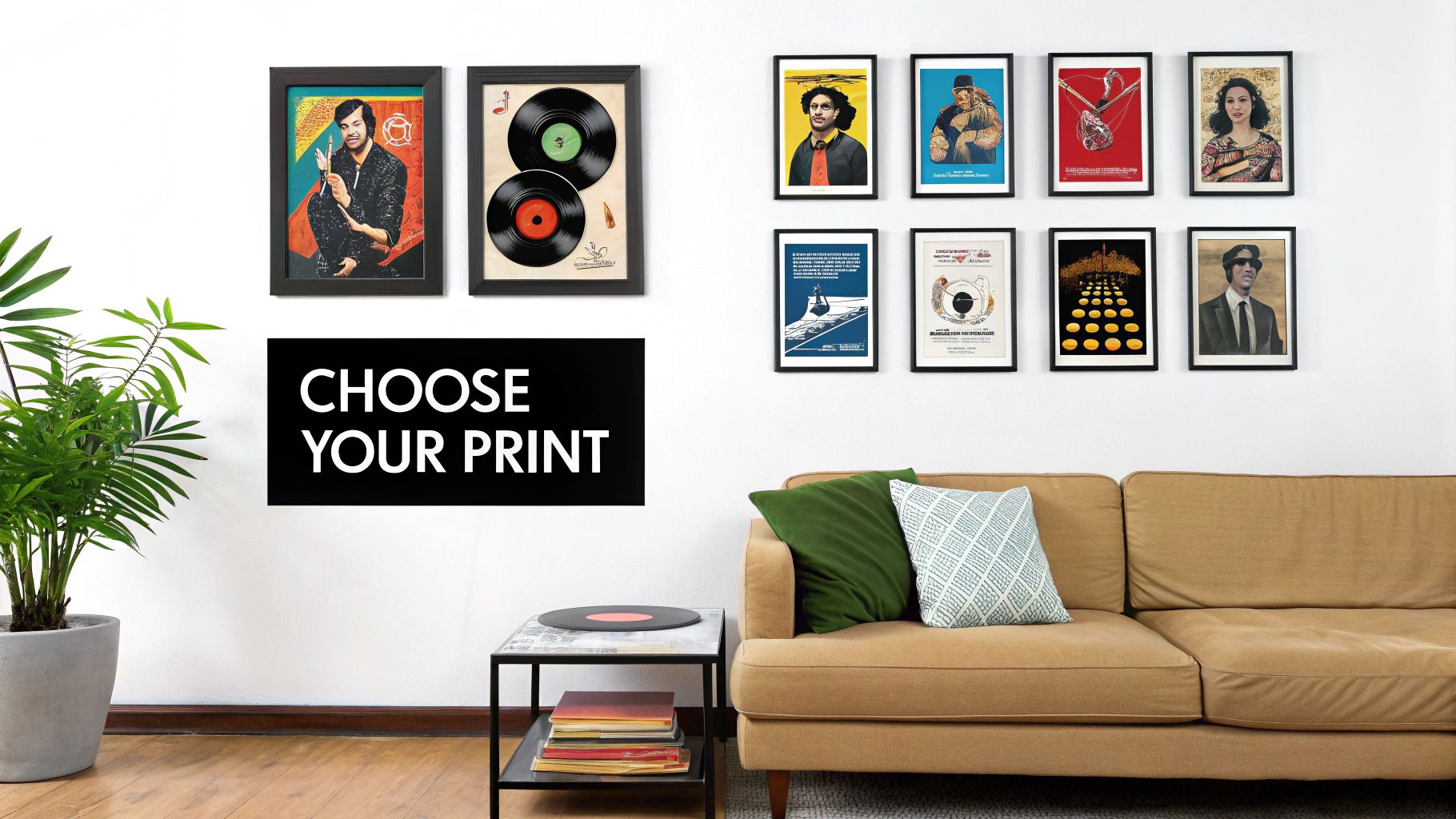 Retro music posters featuring musicians and vinyl records displayed on a white wall in a modern living room.