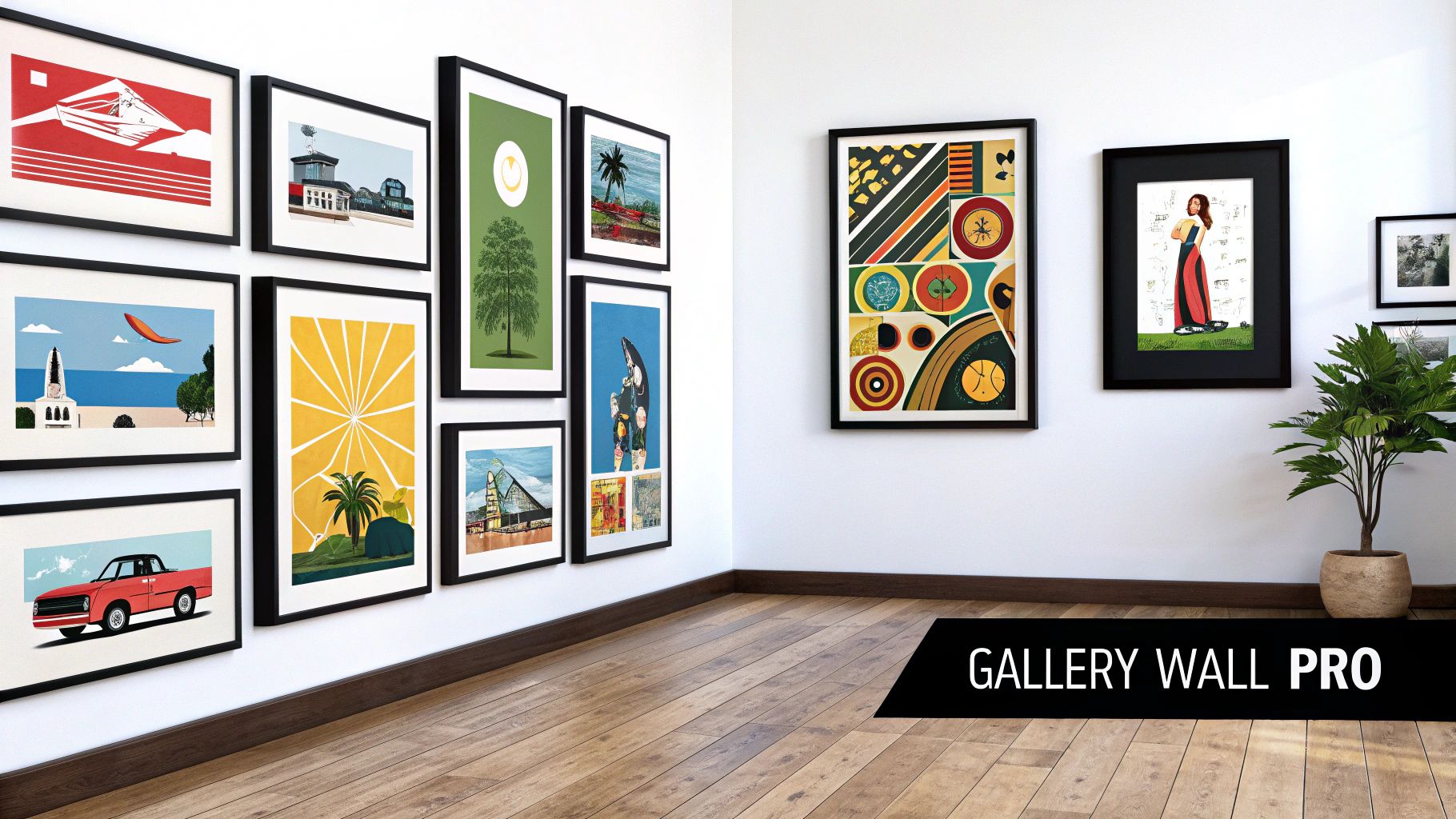 A stylish gallery wall featuring various framed retro posters.