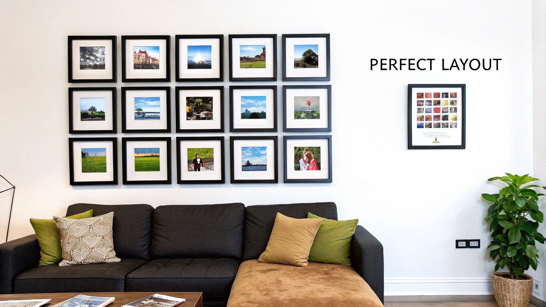 A stylish living room with a perfectly arranged gallery wall above a modern sofa.