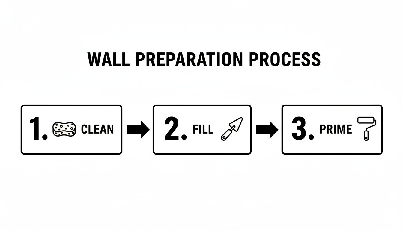 A clear diagram showing the three steps of wall preparation: clean with a sponge, fill with a trowel, and prime with a roller.