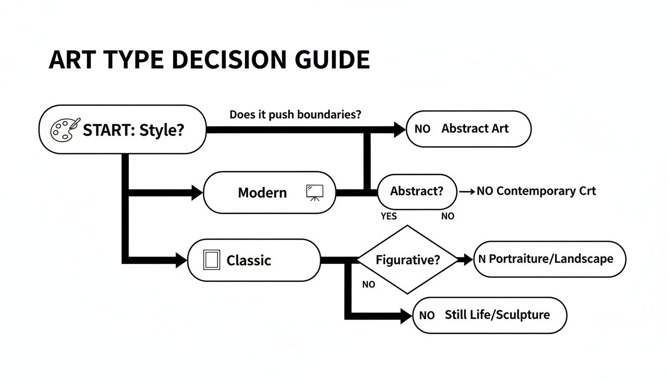 A flowchart decision guide categorizing art types based on style, boundaries, and subject matter.
