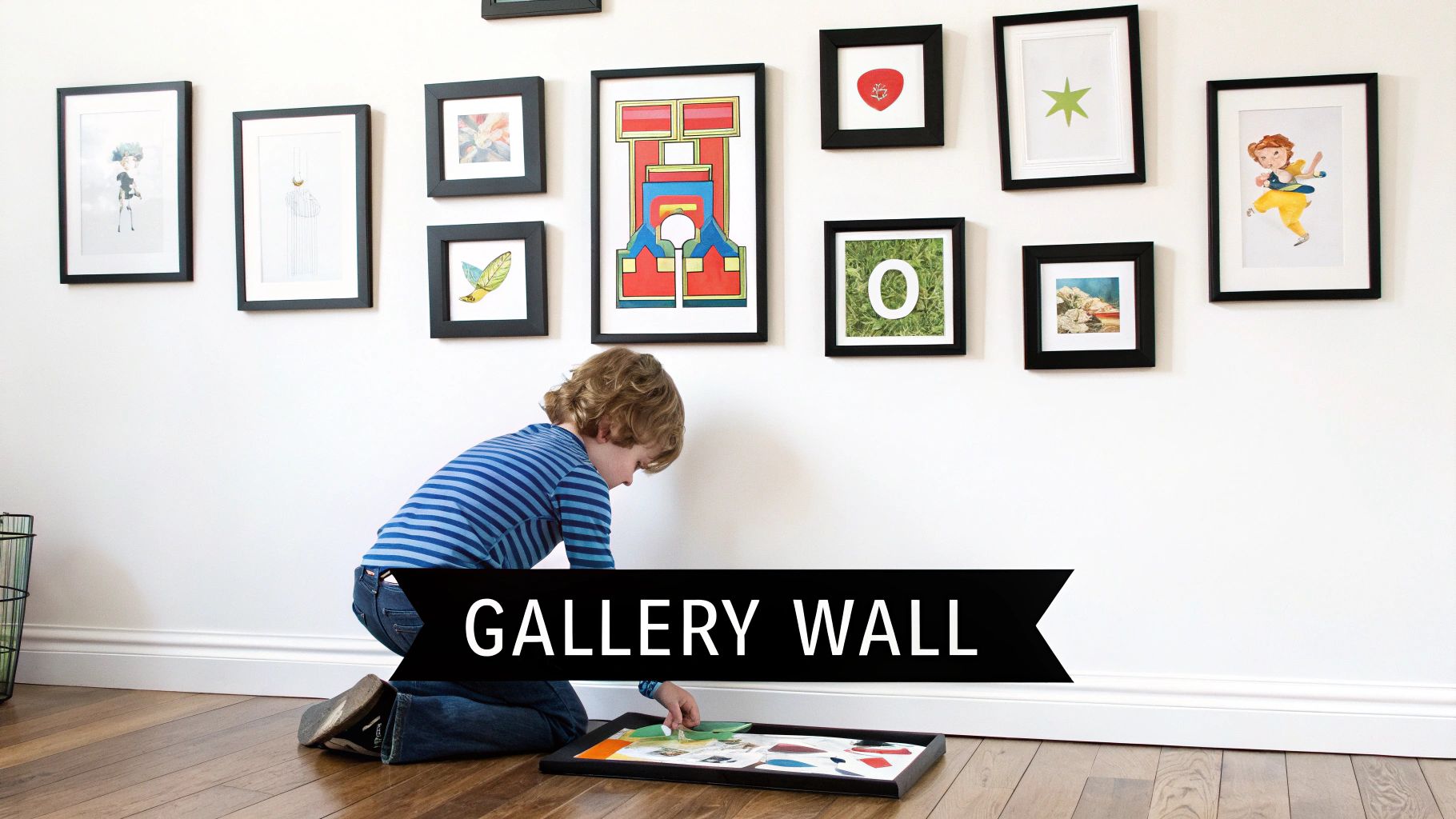 A well-arranged gallery wall in a kids room featuring a mix of prints and photos.
