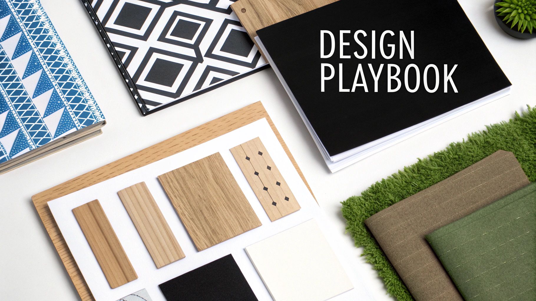 Flat lay of design materials: 'Design Playbook' notebook, patterned books, wood, and fabric samples.