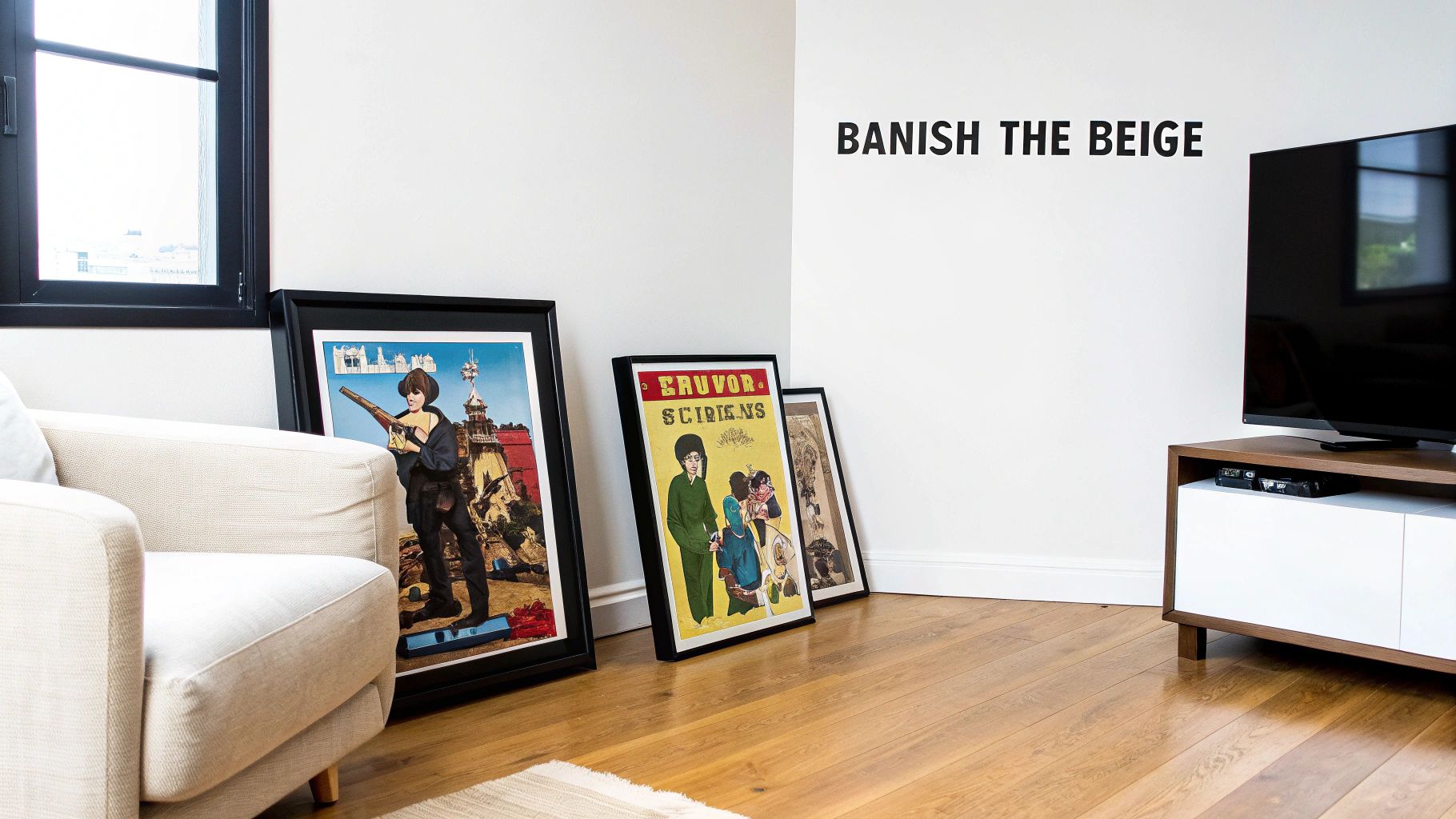 A collection of retro music and football posters displayed on a wall.