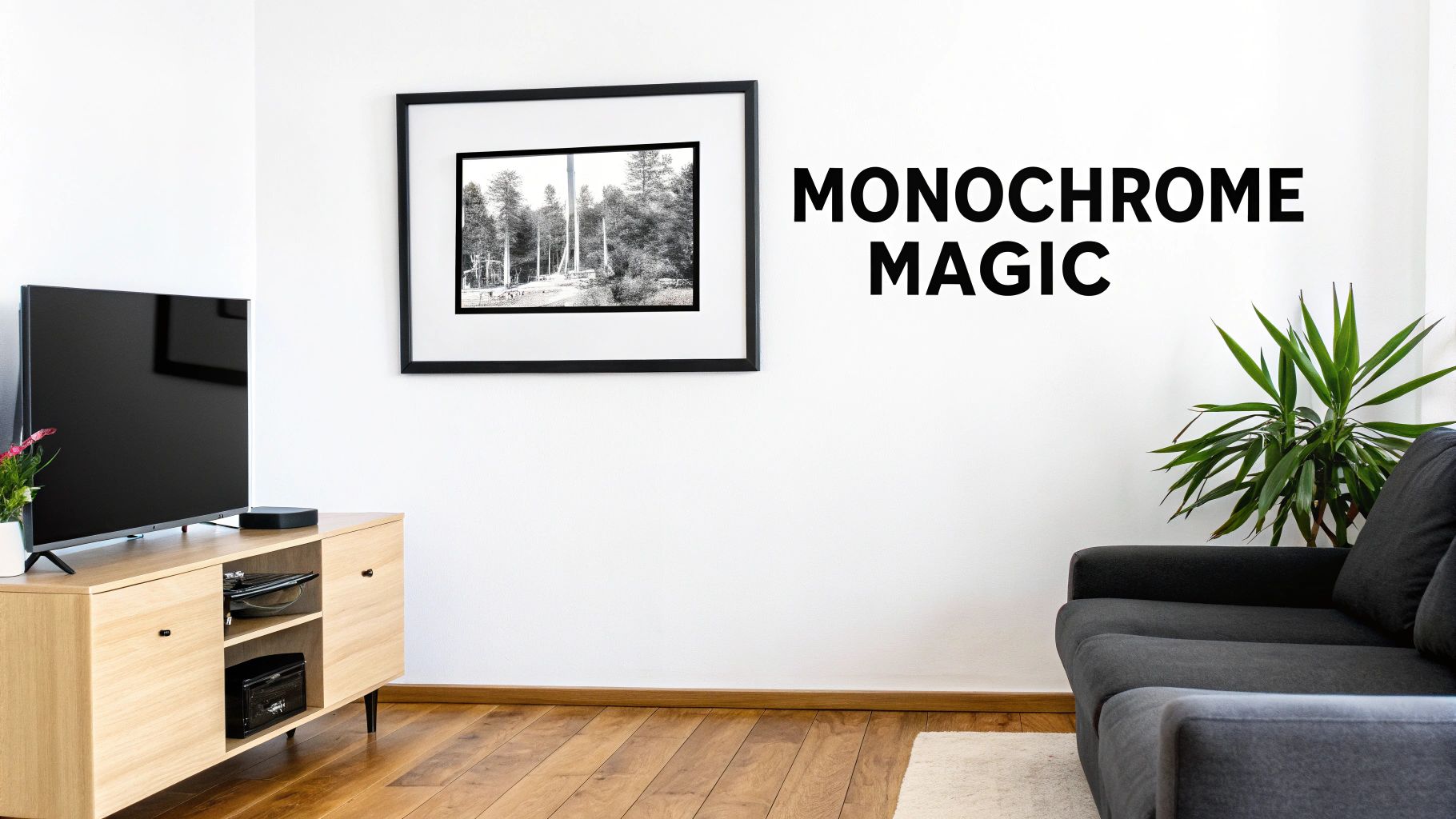 A stylish living room with 'Monochrome Magic' text and a framed black and white forest art.