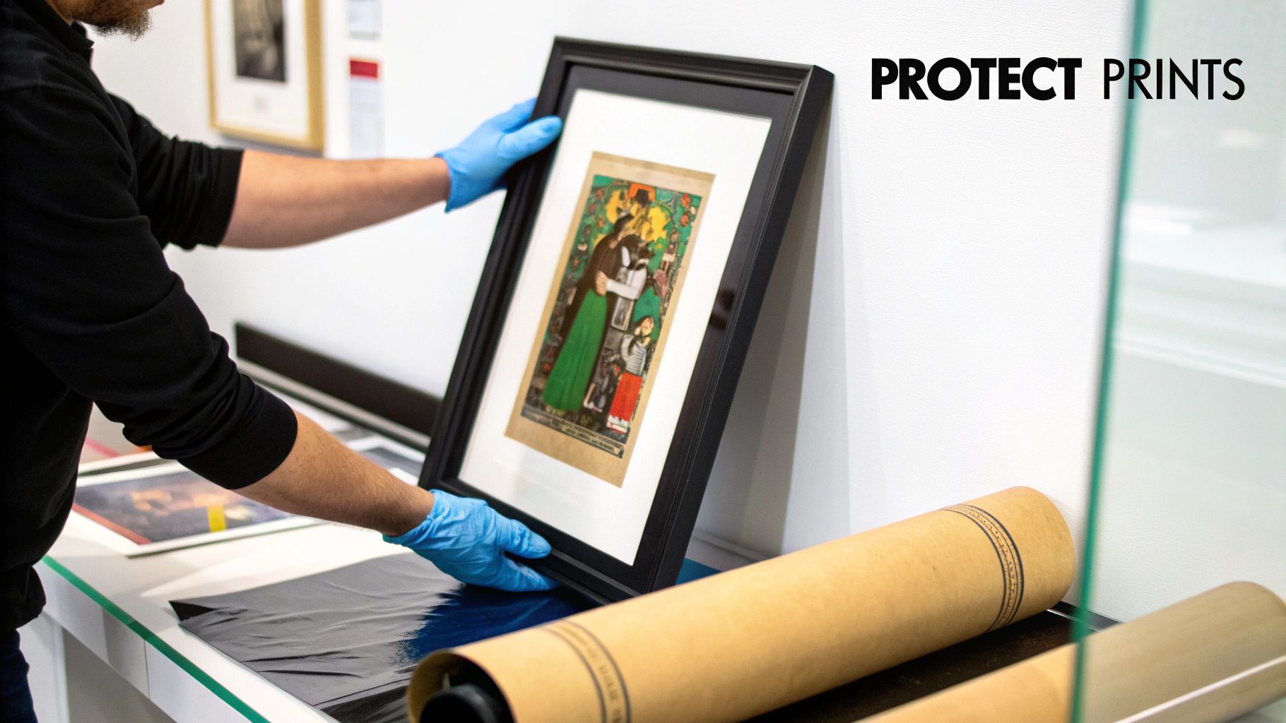 A close-up of a framed retro music poster hanging on a wall, showing reflection and texture.