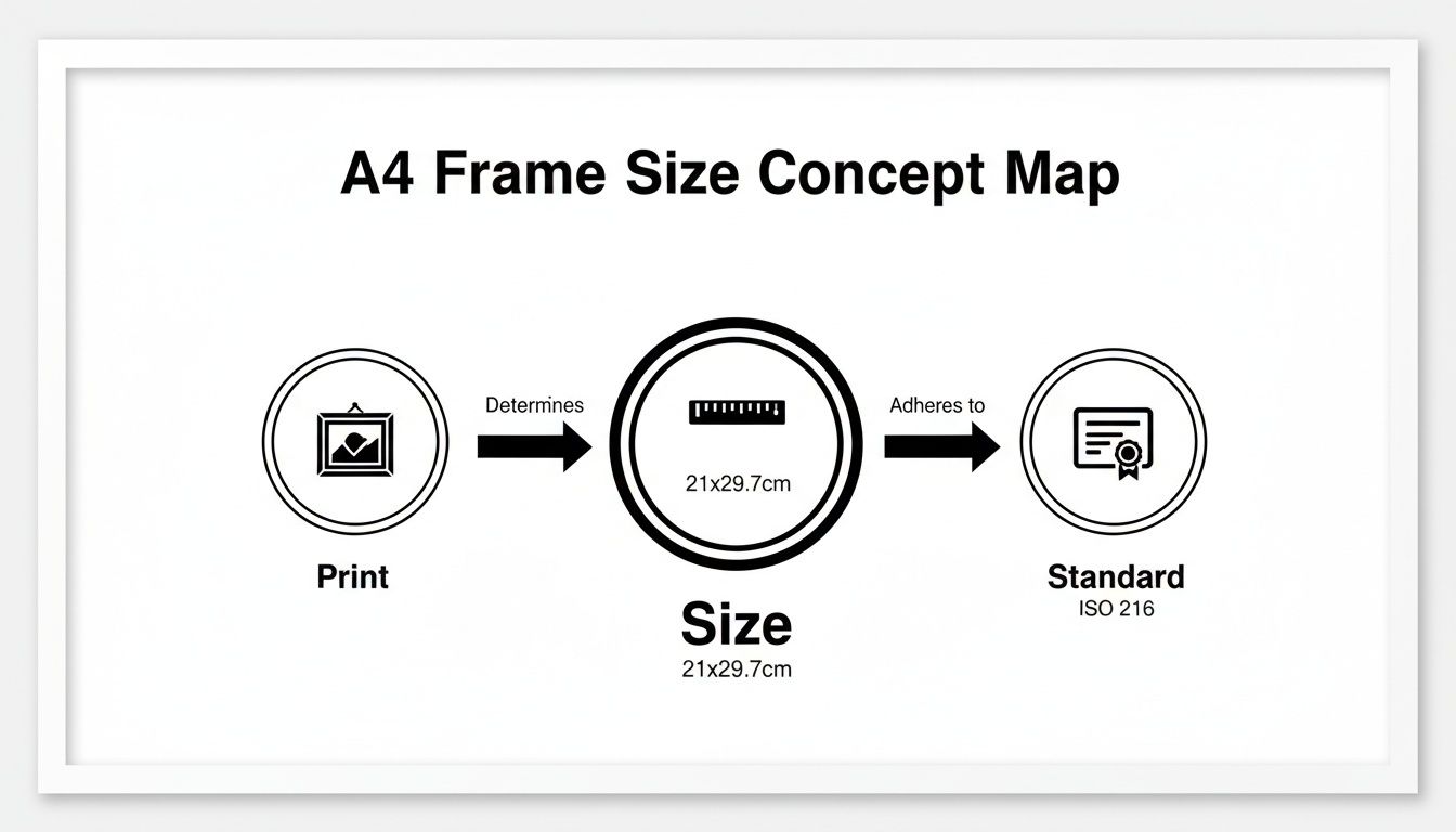 Concept map illustrating A4 frame size (21x29.7cm), determined by print and adhering to ISO 216 standard.