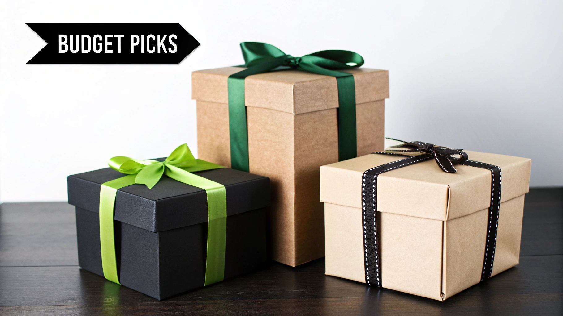 Three gift boxes: one black with lime green ribbon, two kraft brown with green and black ribbons.