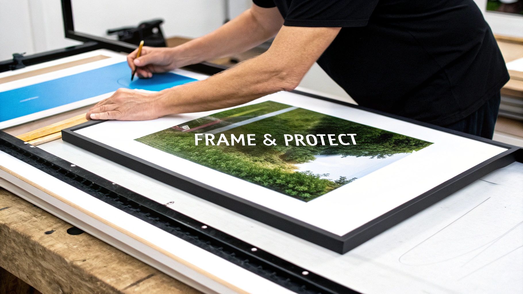 A person is carefully framing a limited edition print of a green landscape on a workbench.