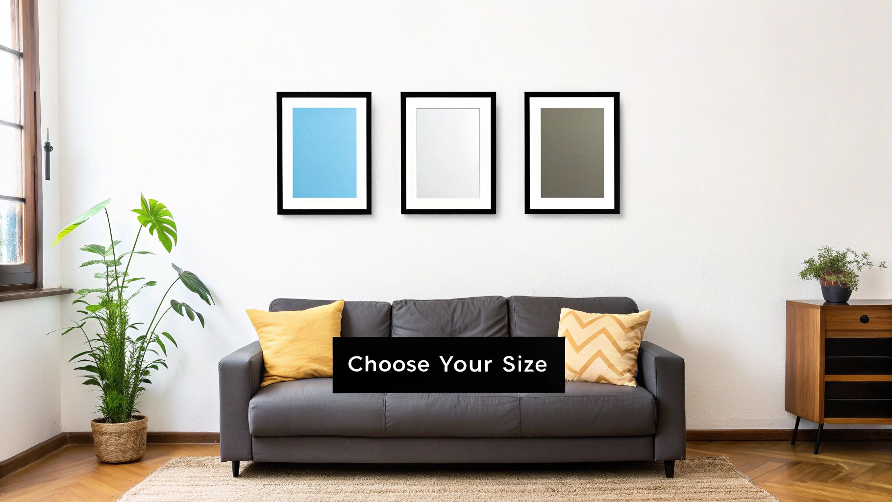 Three framed posters in different colors displayed above a grey sofa in a bright living room.
