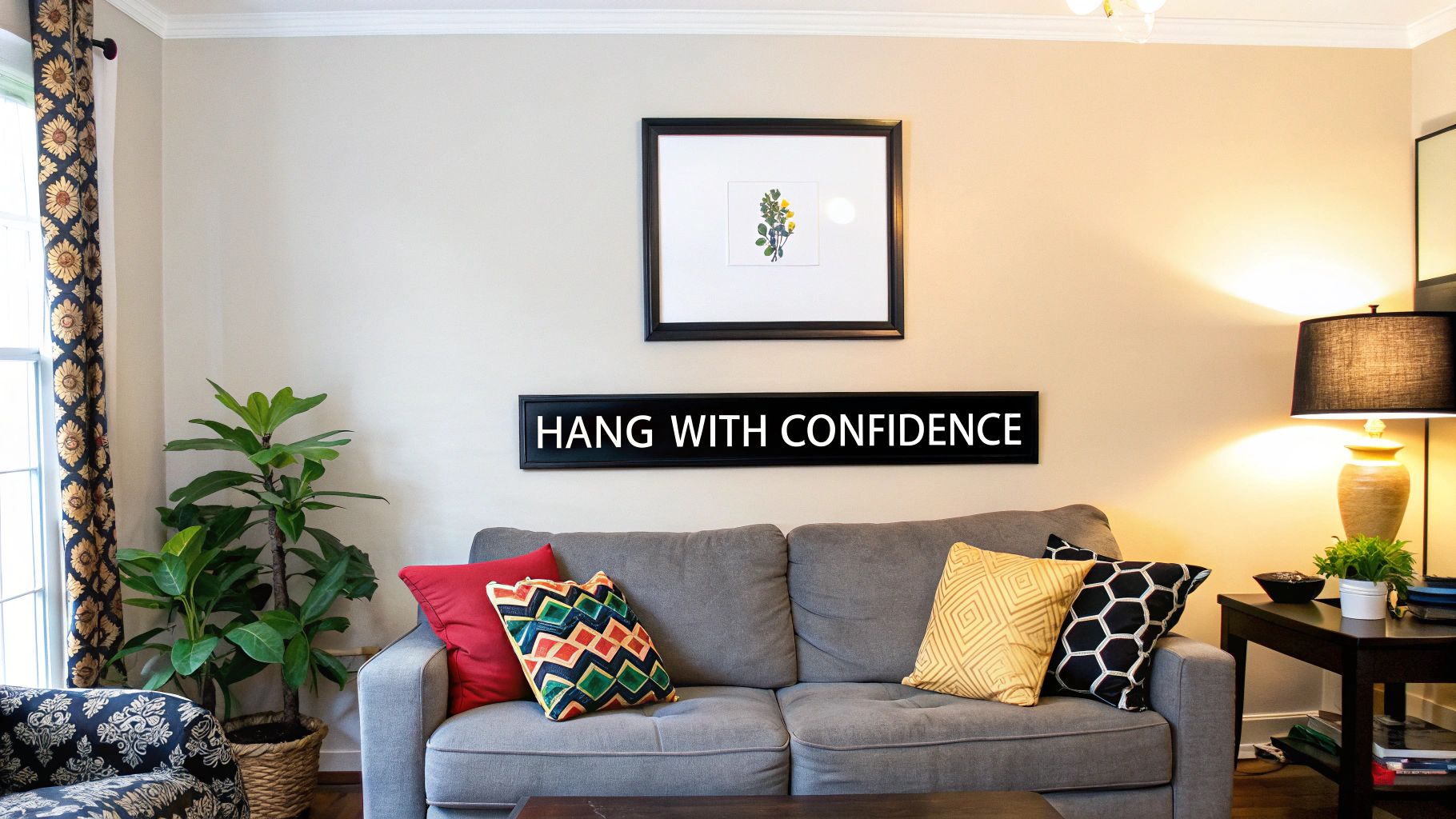 A person hanging a framed art print above a stylish living room sofa.