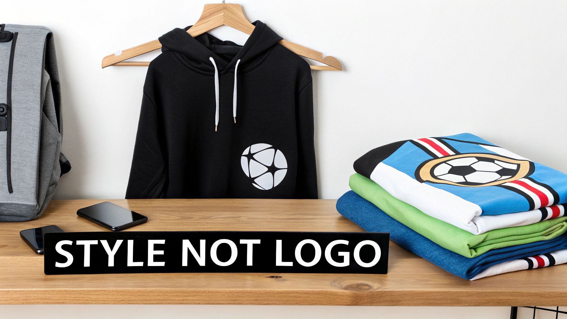 Black hoodie with soccer ball logo, folded sports shirts, backpack, and phones on a desk.