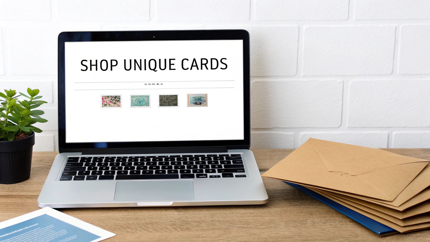 Laptop displaying online shop for unique greeting cards with envelopes on wooden desk