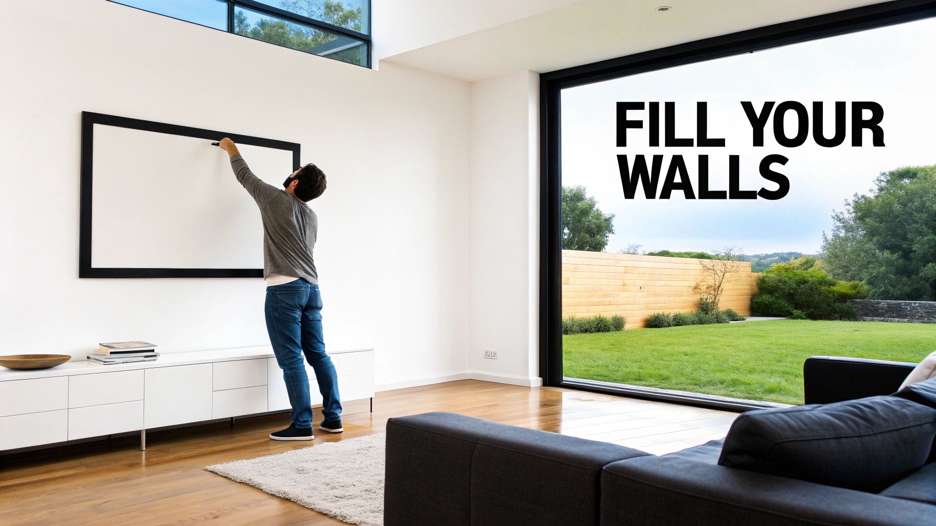 A man hangs a large blank picture frame on a white wall in a bright modern living room.