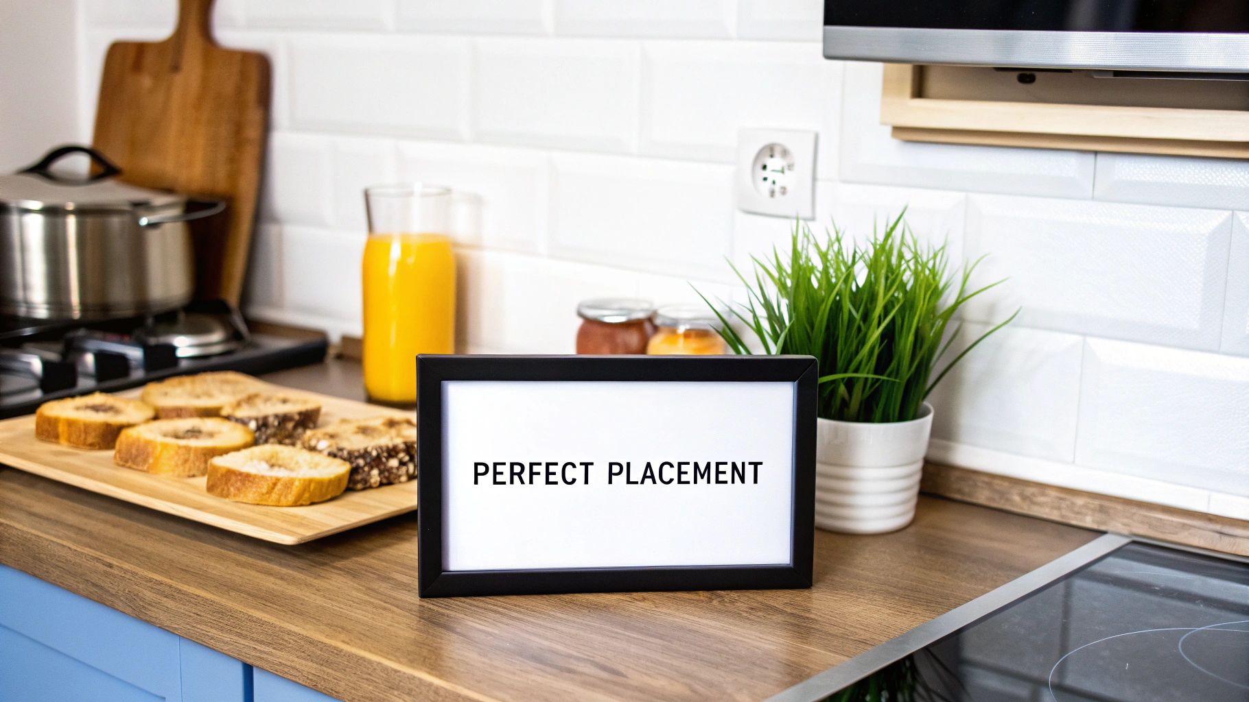 A well-placed piece of kitchen wall art hanging above a stylish breakfast bar.