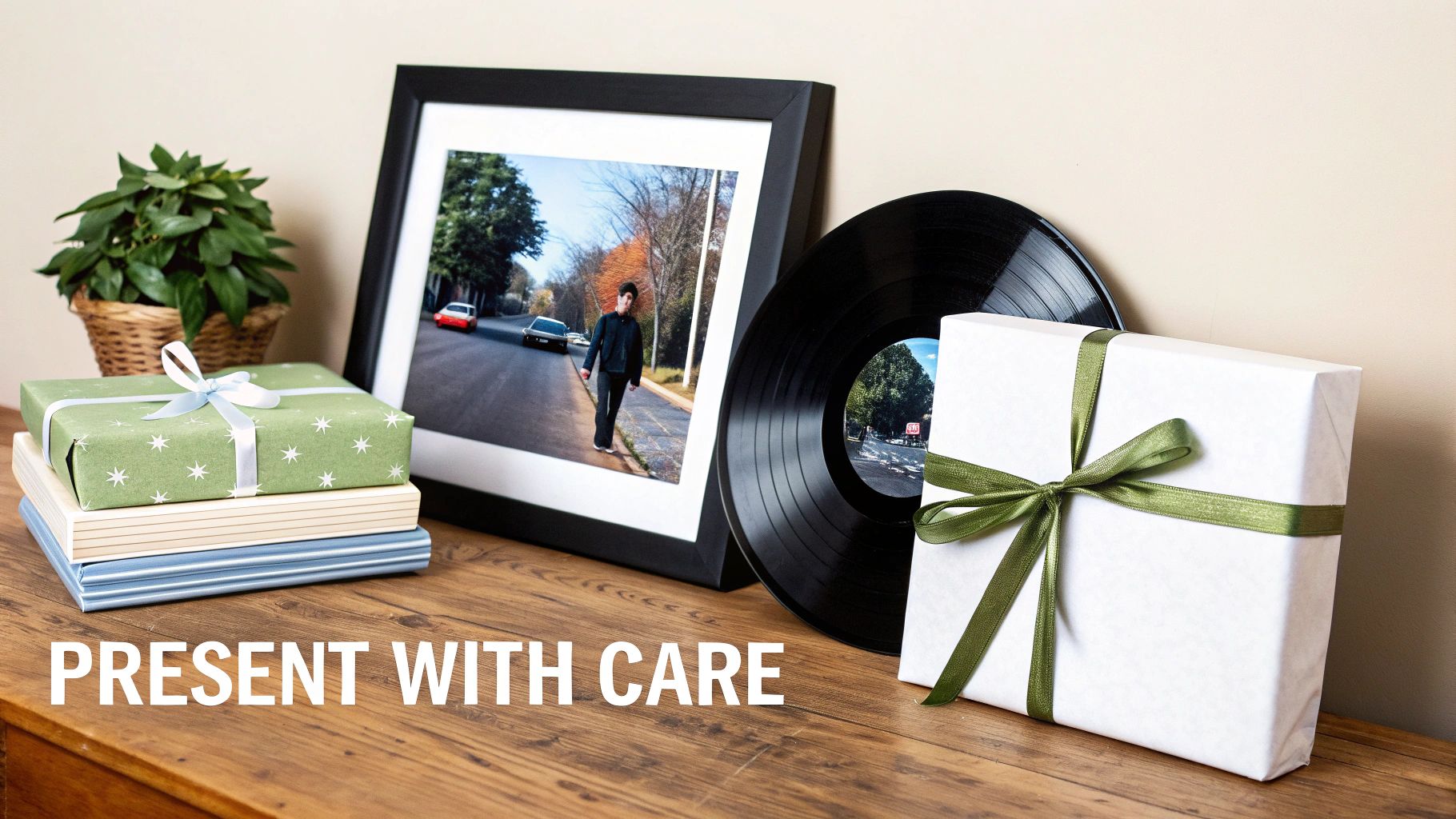 Arrangement of thoughtful gifts, including wrapped boxes, a framed photo, and a vinyl record, on a wooden table.