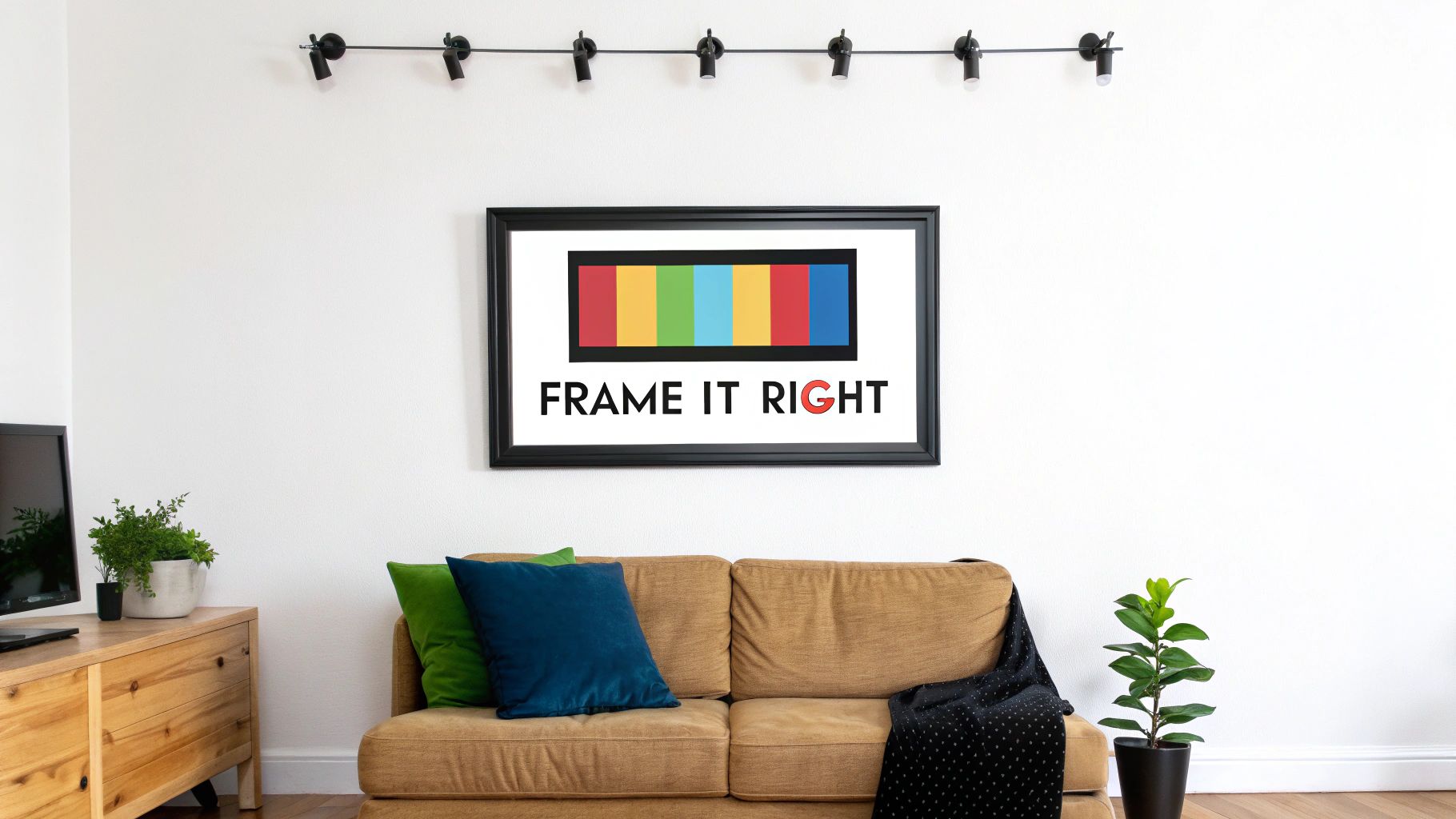 A living room with a framed 'FRAME IT RIGHT' pop art print above a brown couch and wooden console.