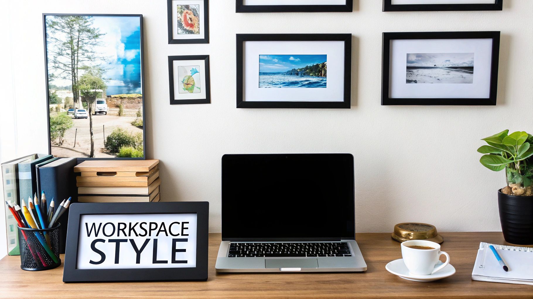 Man sitting at a modern office desk with a large print on the wall behind him.