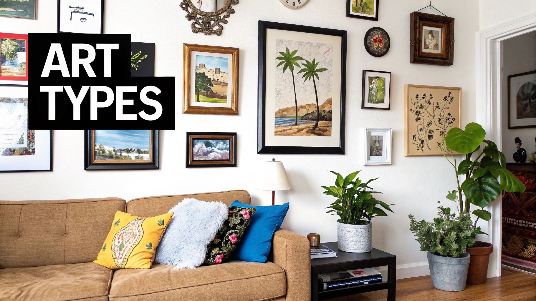 A living room wall decorated with an eclectic mix of music and abstract art prints above a modern sofa.