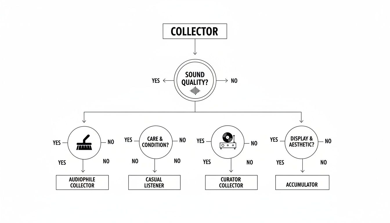 A flowchart categorizes vinyl collectors based on their priorities: sound quality, care, and display aesthetics, leading to types like audiophile or accumulator.