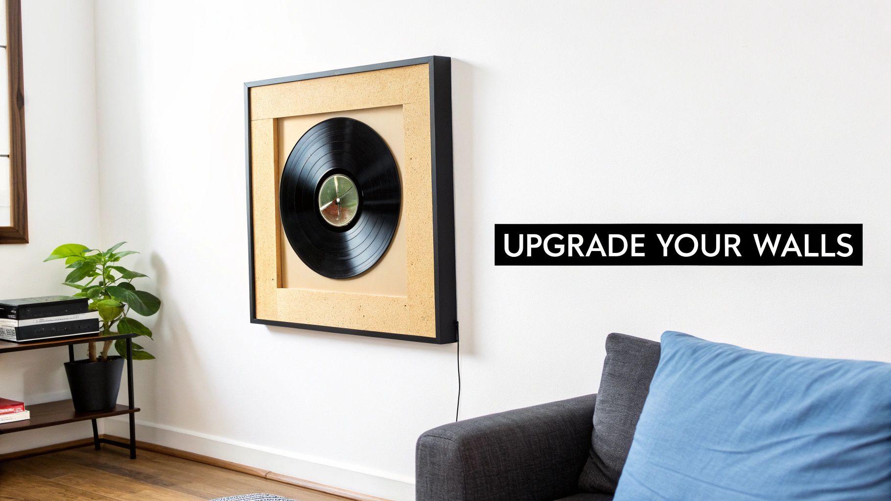 A collection of framed album covers arranged neatly on a wall, showcasing various iconic designs.