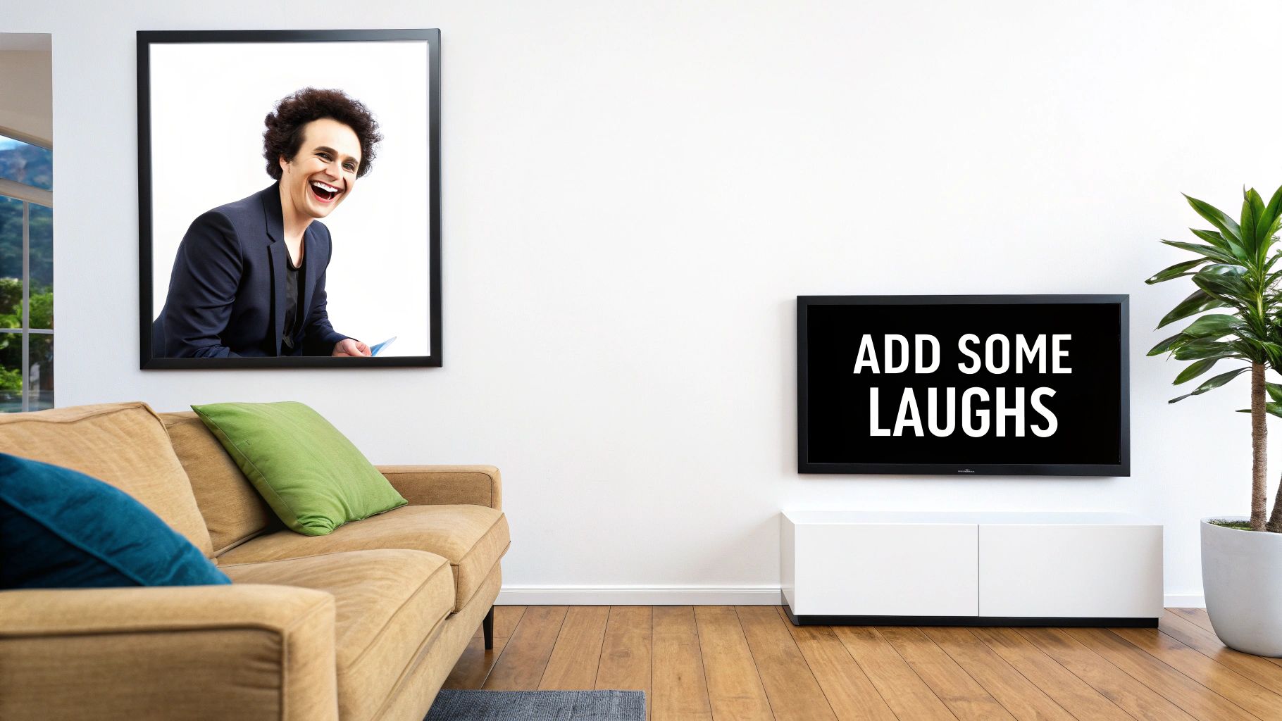 A living room with a framed picture of a laughing woman and a TV displaying 'ADD SOME LAUGHS'.
