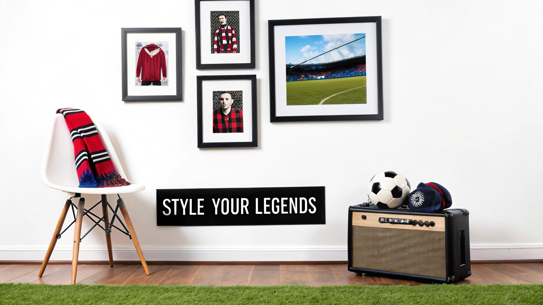 A stylish room setup with framed football stadium art, portraits, a red scarf, and football decor.
