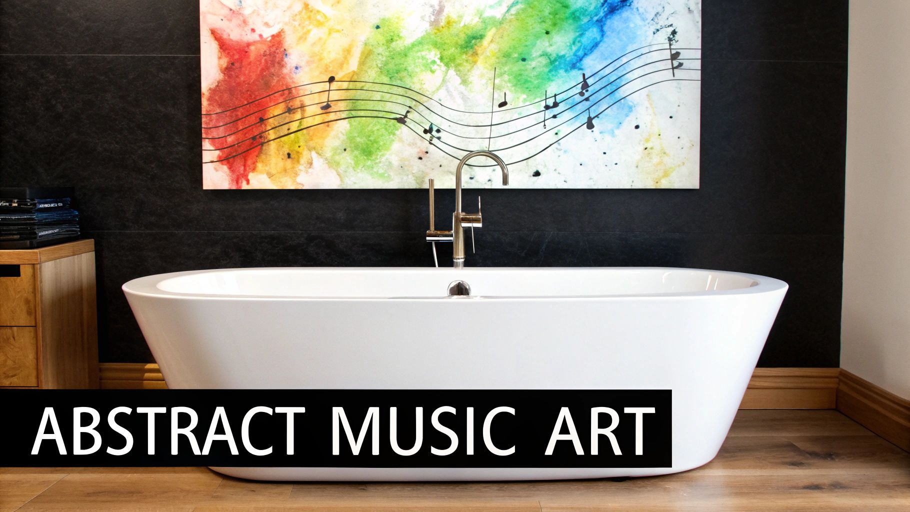 Abstract music art with colorful watercolors and musical notes above a white freestanding bathtub.