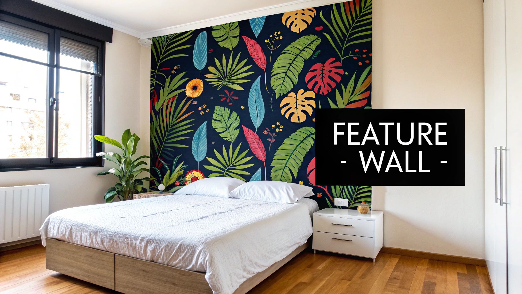 A bright bedroom featuring a vibrant tropical leaf wallpaper on the main wall, a cozy bed, and a window.