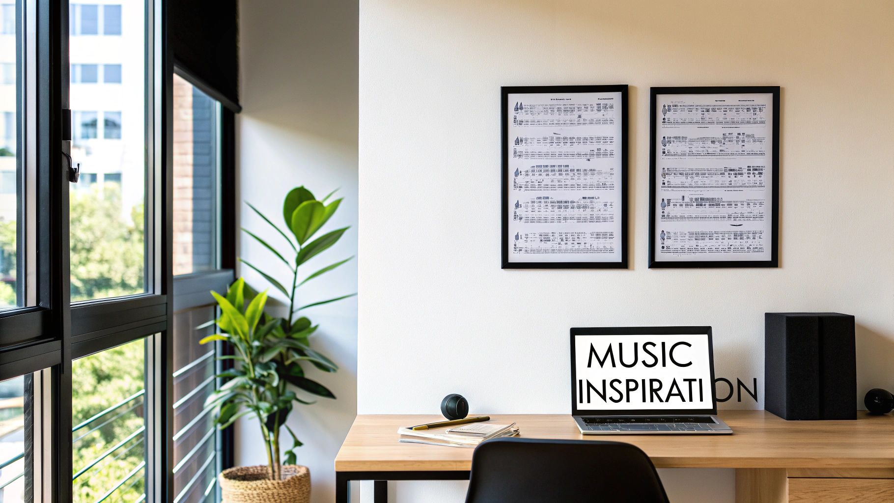 A modern home office with a wooden desk, laptop, framed music sheets, and a plant.