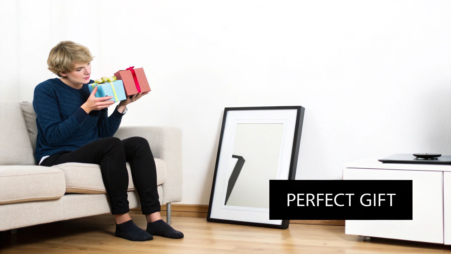 A young woman sitting on a sofa, looking intently at two wrapped gift boxes she is holding.