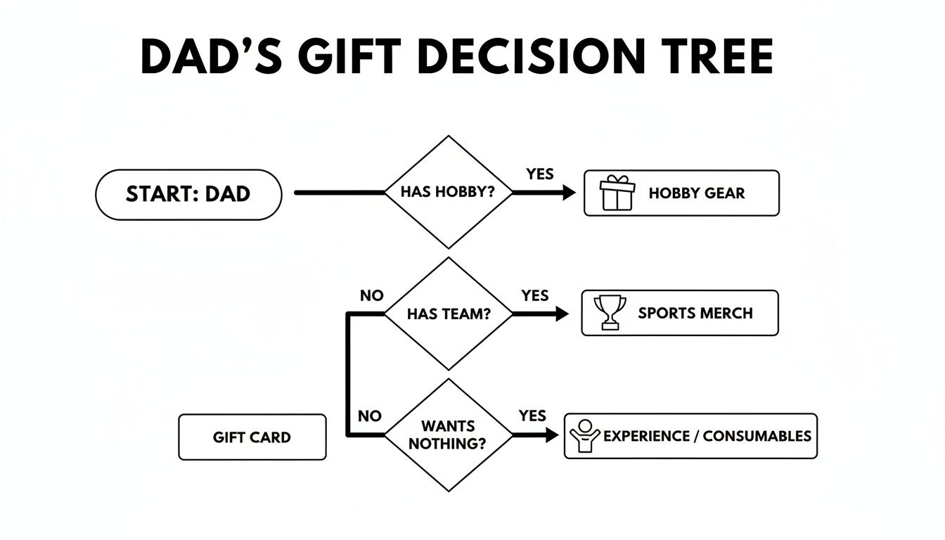 A flowchart diagram titled 'Dad's Gift Decision Tree' for finding the perfect present.