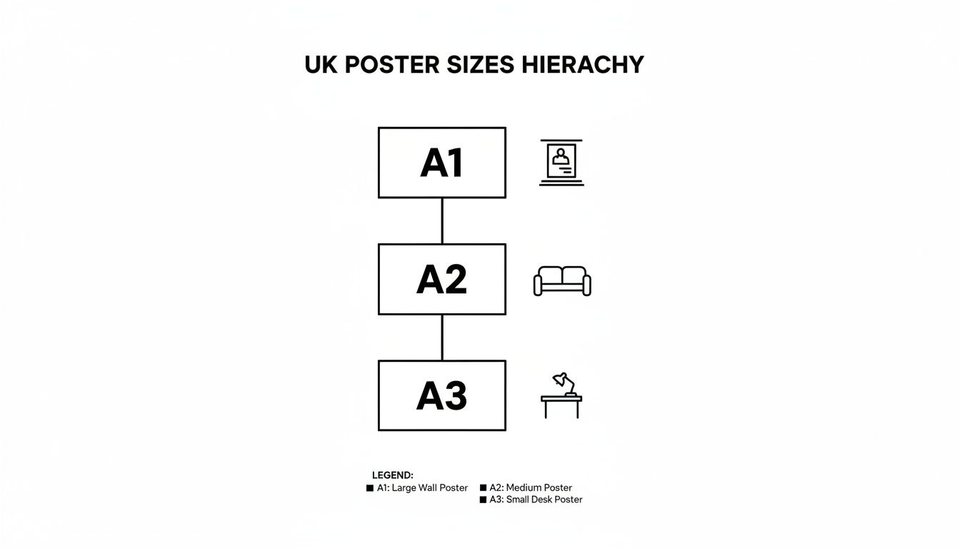 A visual hierarchy of UK poster sizes (A1, A2, A3) with illustrative objects for scale.