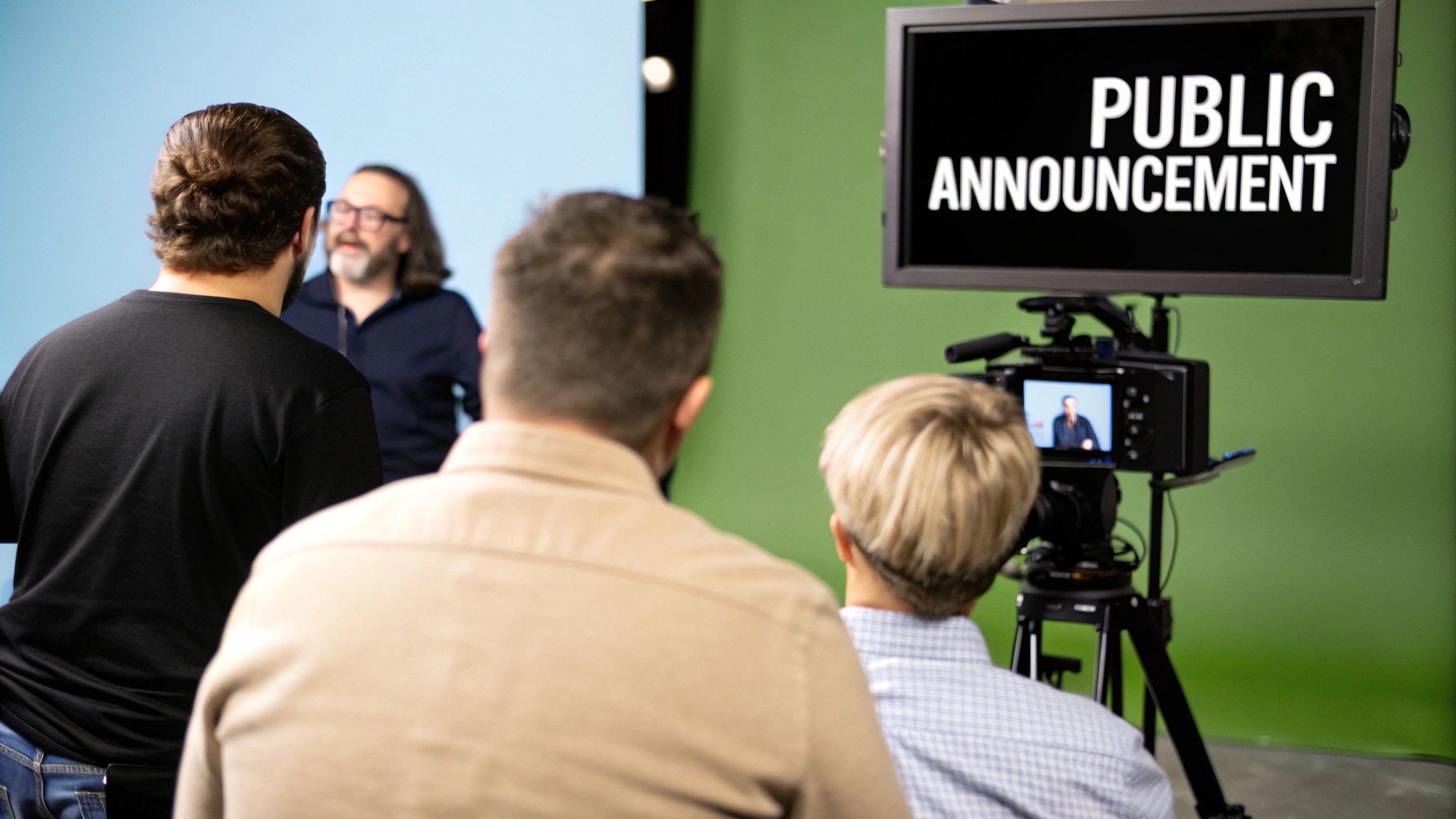 People in a studio filming a 'Public Announcement' with cameras and monitors.