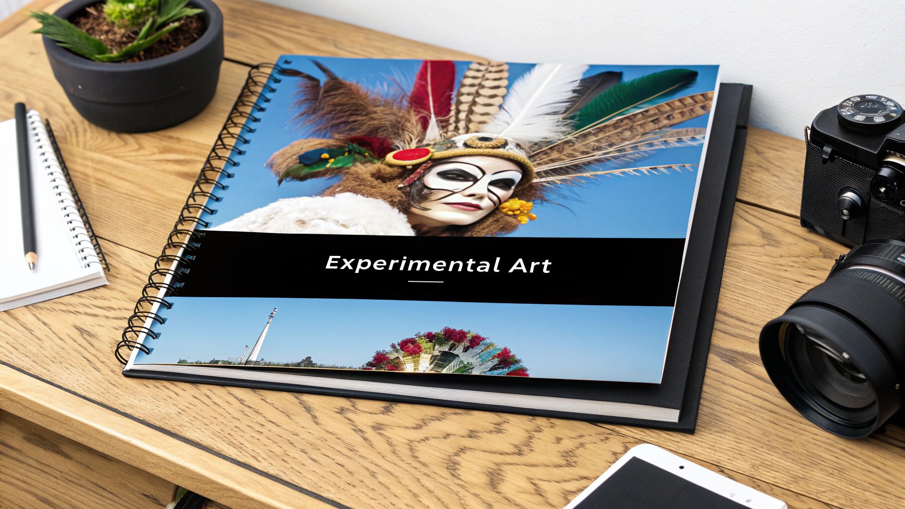 Open spiral notebook displaying 'Experimental Art' cover with vibrant art images on a wooden desk.
