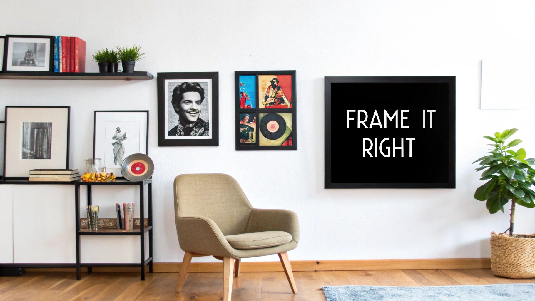 A stylish gallery wall of music posters arranged above a piece of furniture.