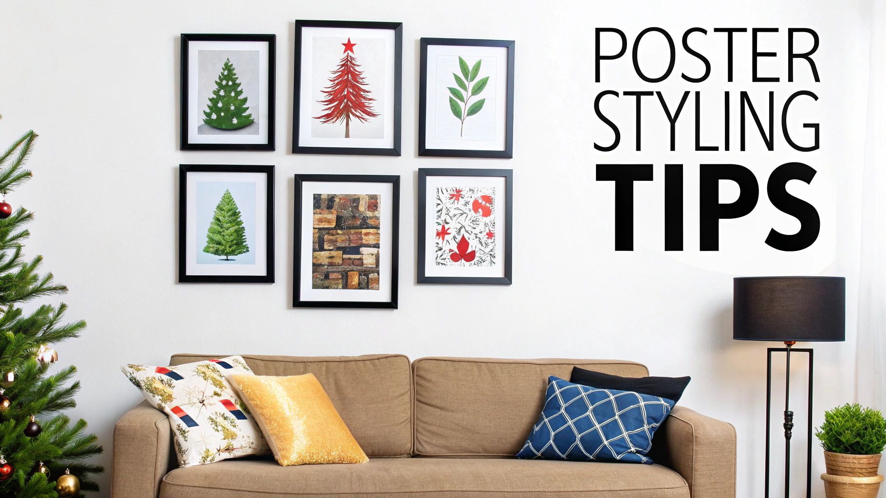 A living room with a Christmas tree, brown couch, and six festive framed posters on a white wall.