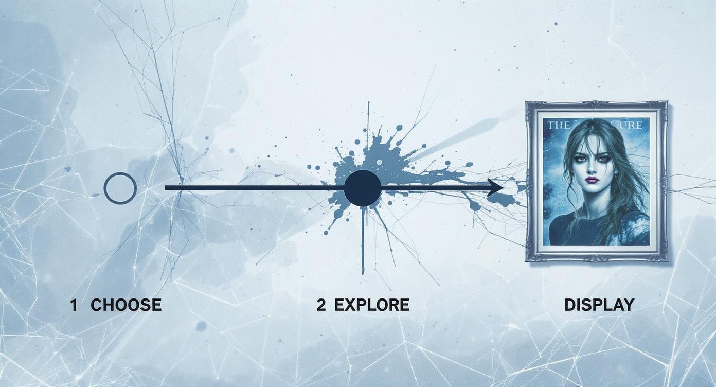 A visual process diagram showing three steps: Choose, Explore, and Display, ending with a 'The Cure' poster.