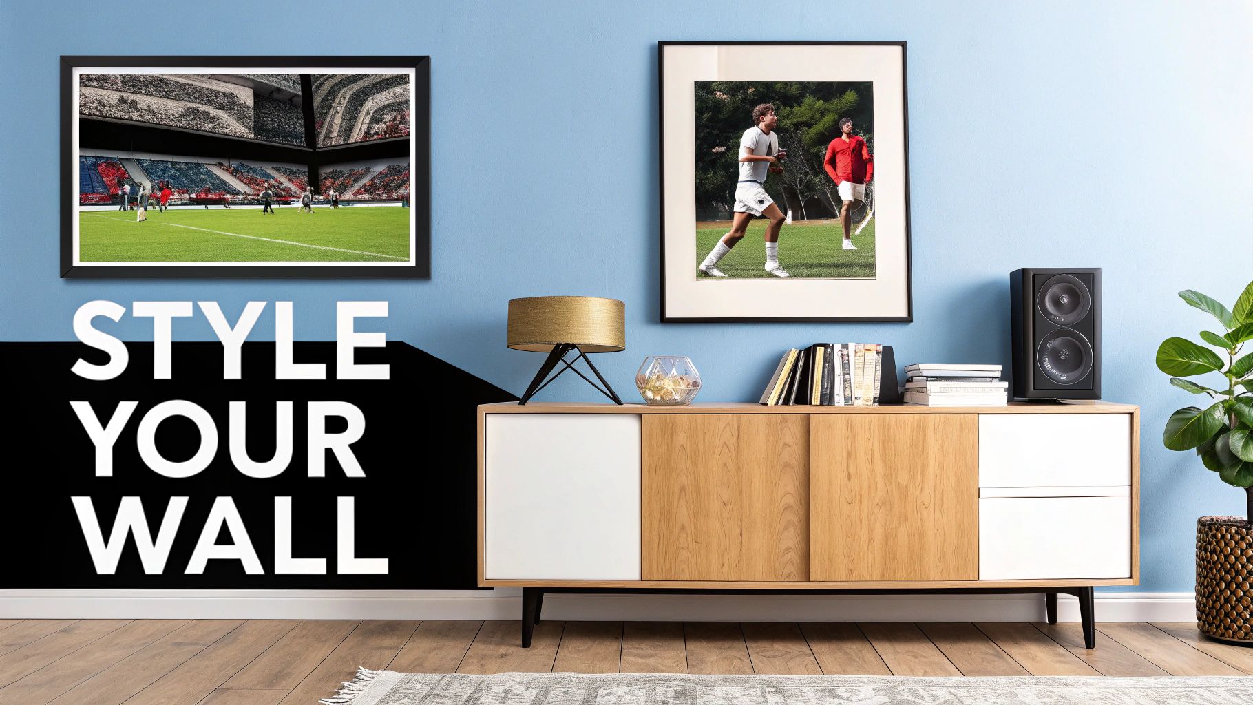 A stylish room with blue walls, two football-themed framed pictures, a modern cabinet, and decor.