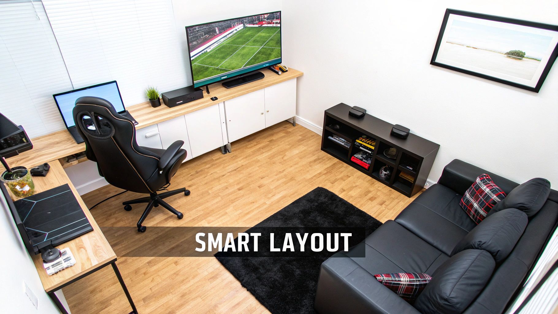 A modern gaming room setup with a desk, gaming chair, large TV, and black sofa.