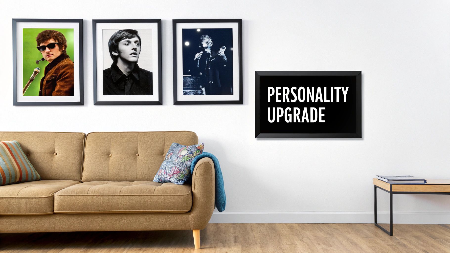 A living room with a brown sofa, three framed music legend portraits, and a "PERSONALITY UPGRADE" sign.