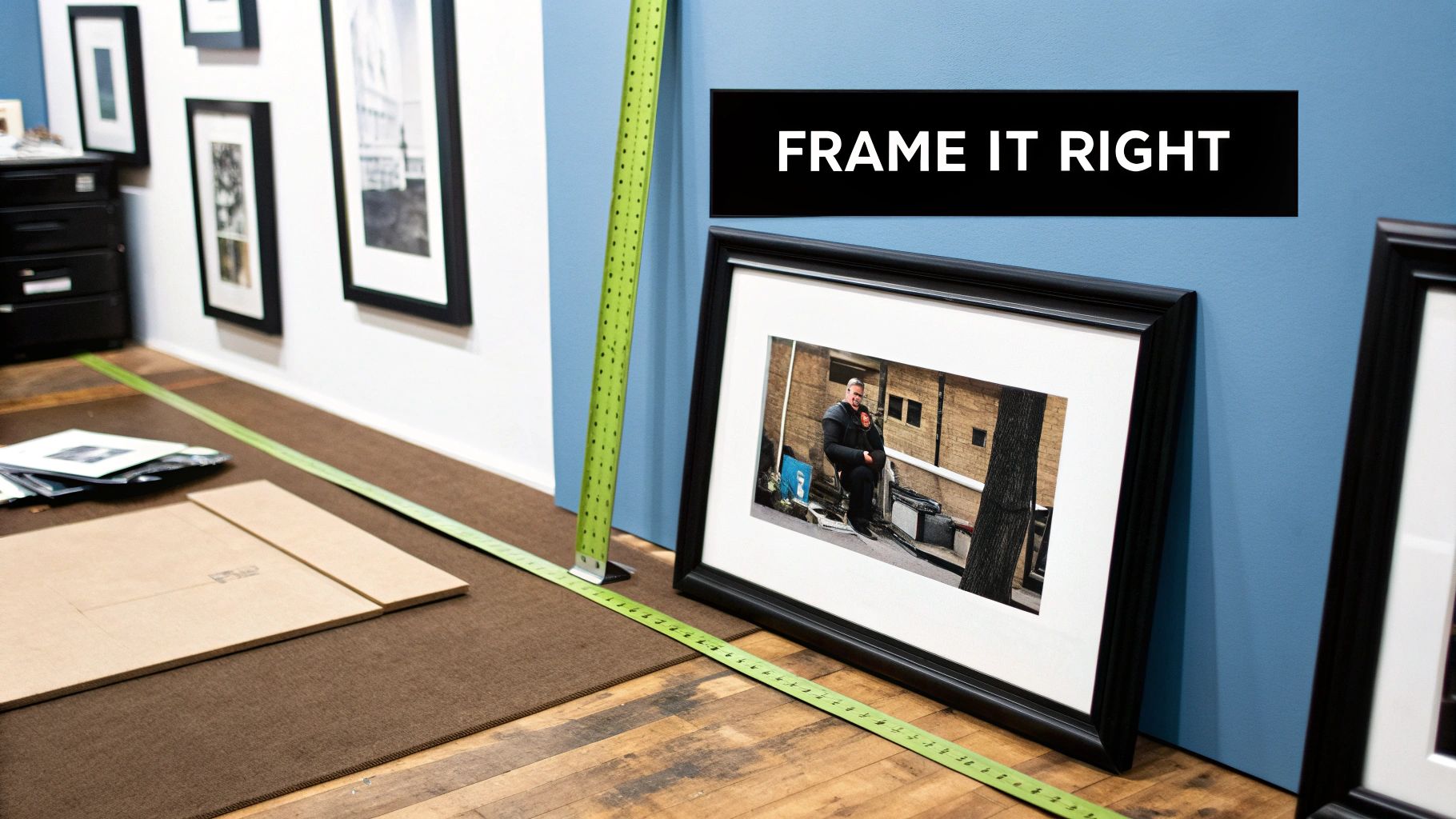 A room with framed pictures, a green measuring tape, and art supplies on the floor, with a 'FRAME IT RIGHT' sign.