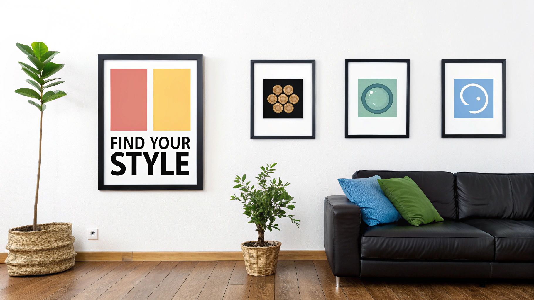 A collection of framed art prints on a wall
