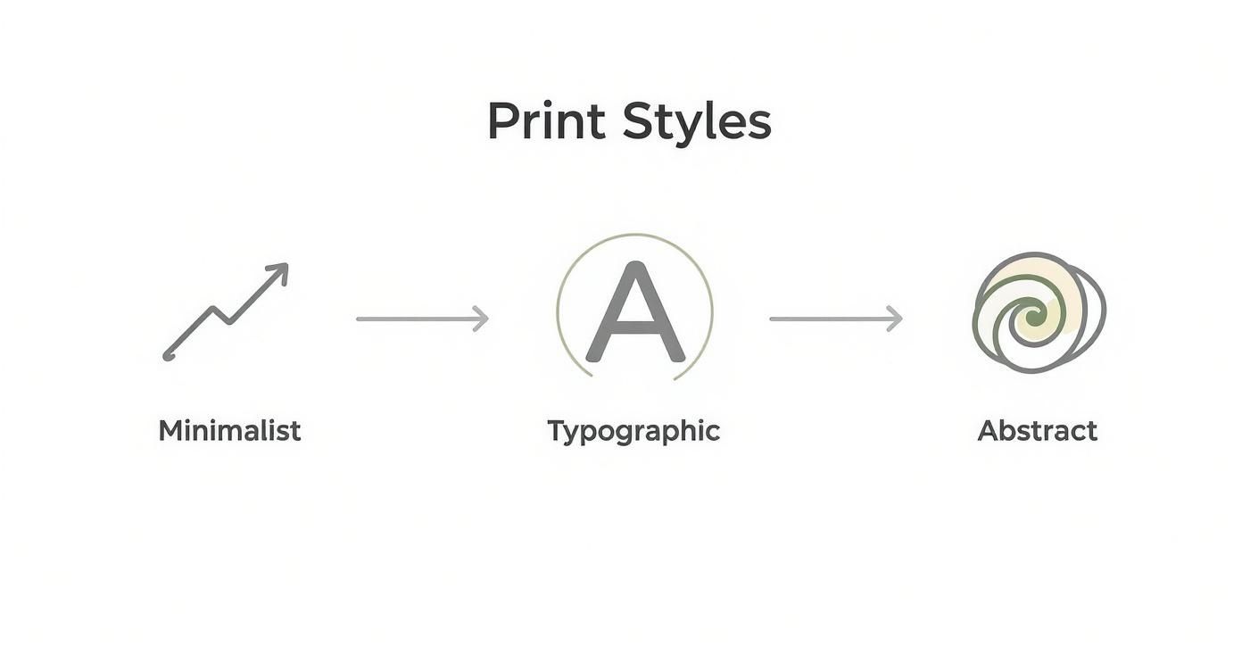 A diagram titled 'Print Styles' illustrating Minimalist, Typographic, and Abstract design categories with icons.
