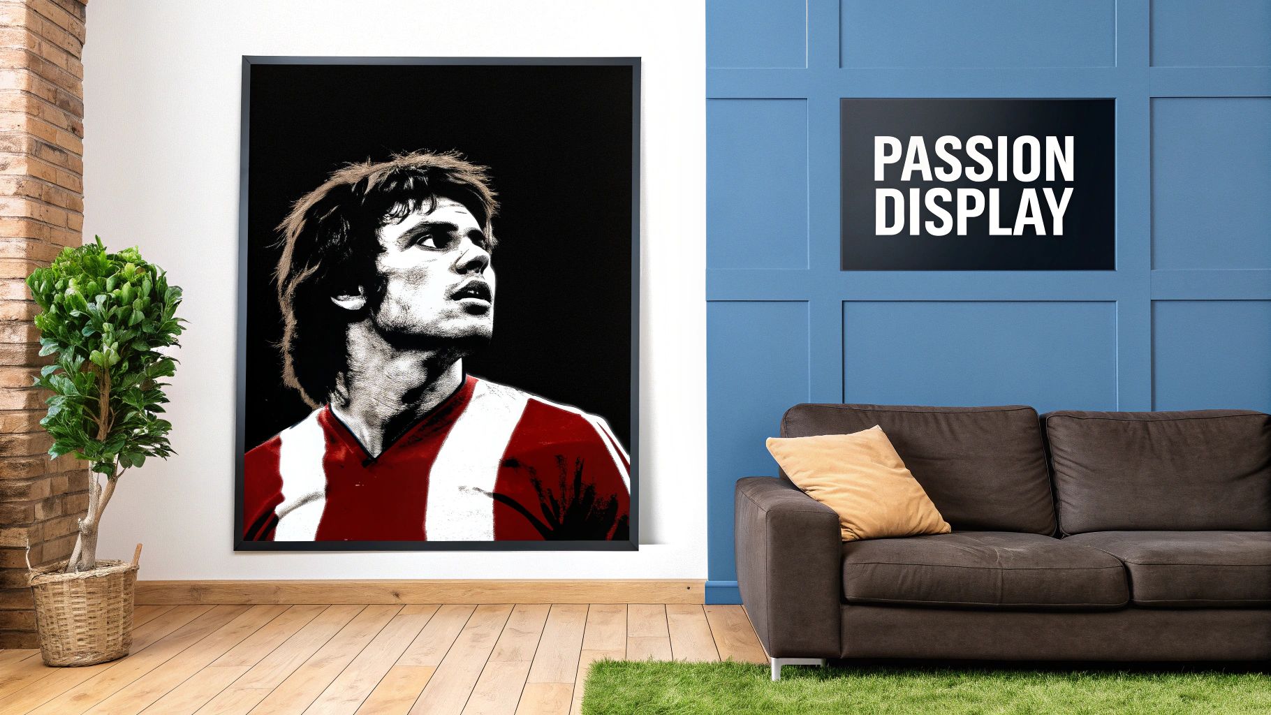 A collection of football and music-themed art prints arranged on a shelf