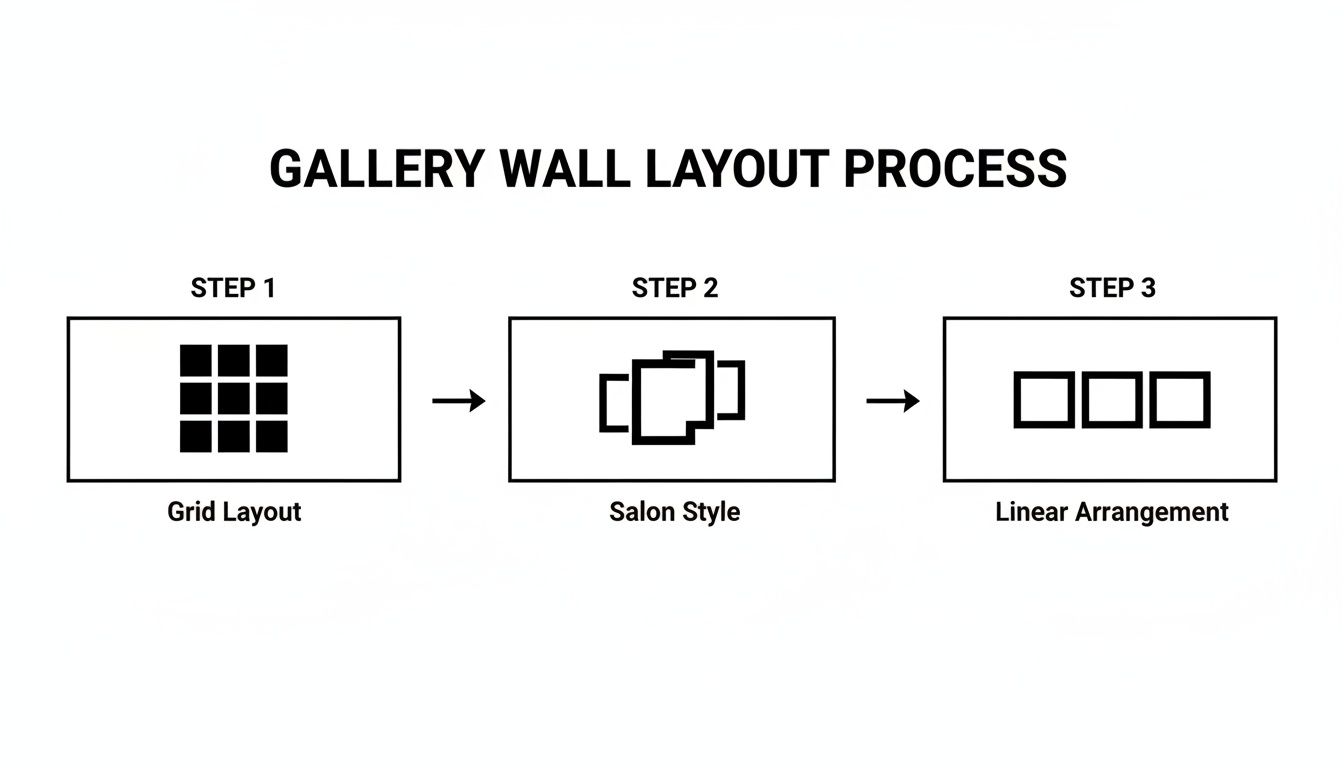 Illustration of gallery wall layout process: Step 1 Grid, Step 2 Salon Style, Step 3 Linear Arrangement.