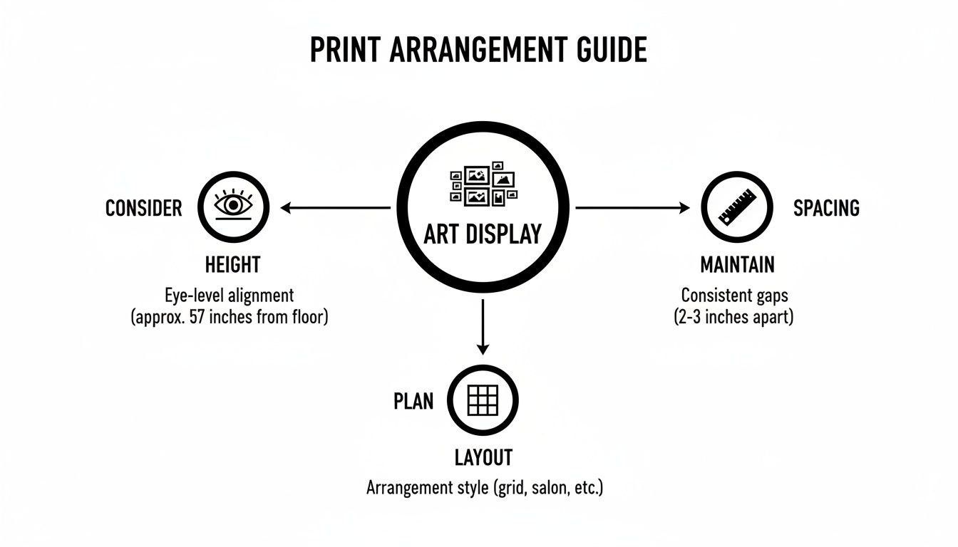 A print arrangement guide illustrating how to display art considering height, spacing, and layout.