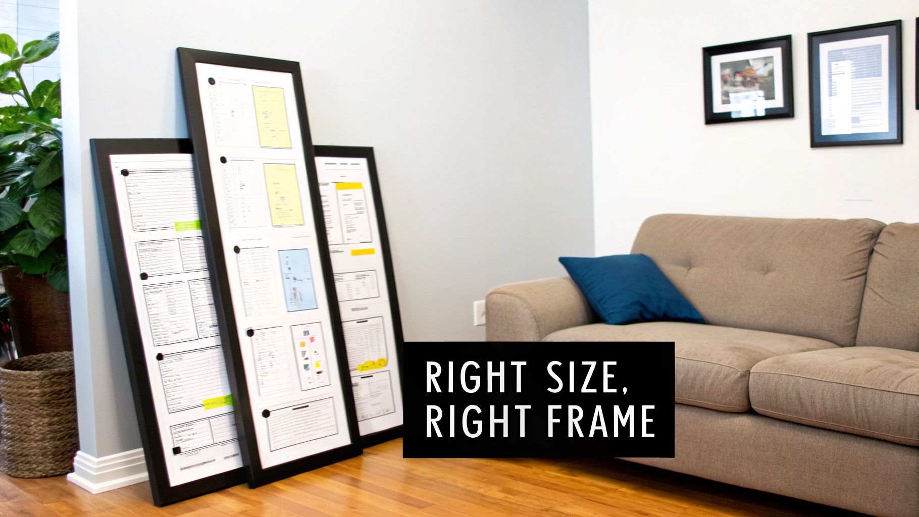 Three large framed display boards with documents lean against a wall in a modern room with a sofa.