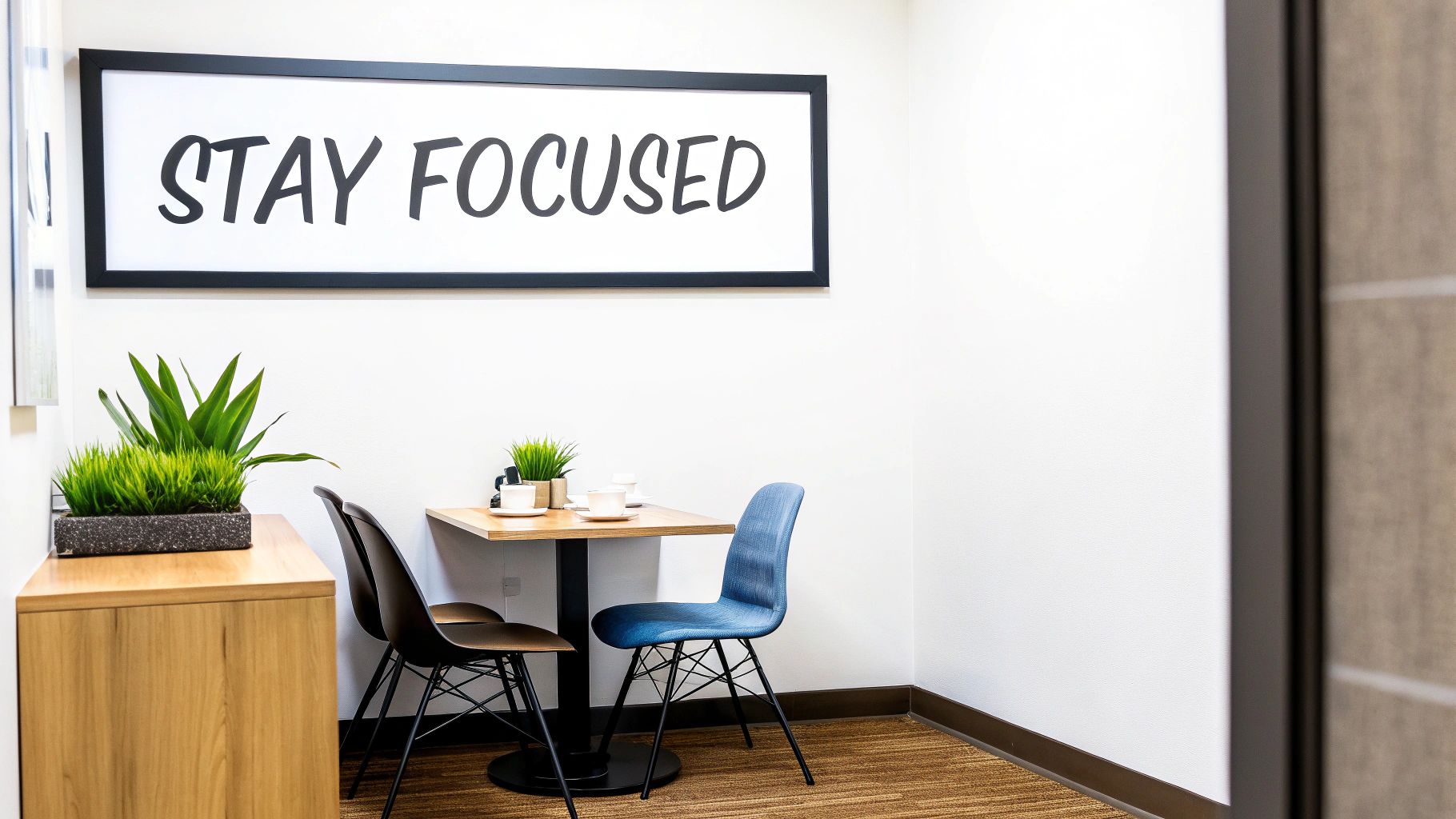 A bright office space featuring a 'STAY FOCUSED' sign, plants, and a small table with chairs.